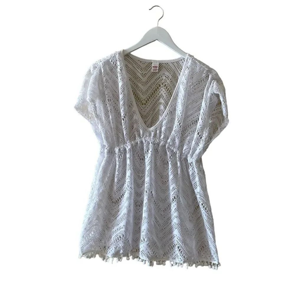 Bongo White Summer Overlay Beach V-neck Elastic Waist Kaftan Cover Up SZ XL